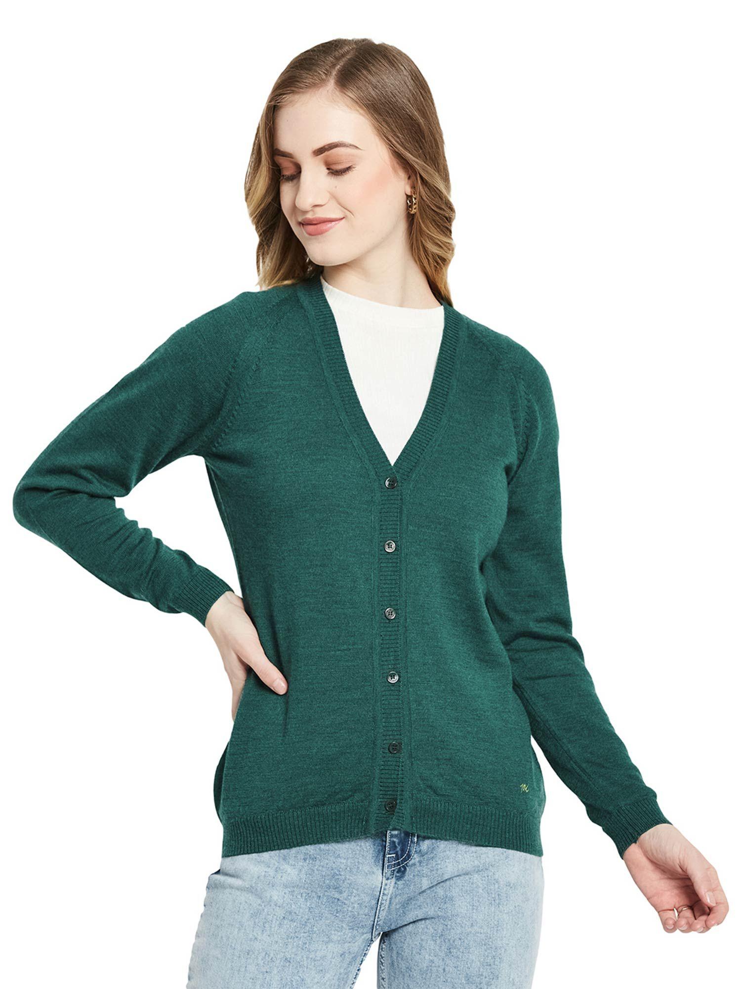 womens pure wool green solid v neck cardigan