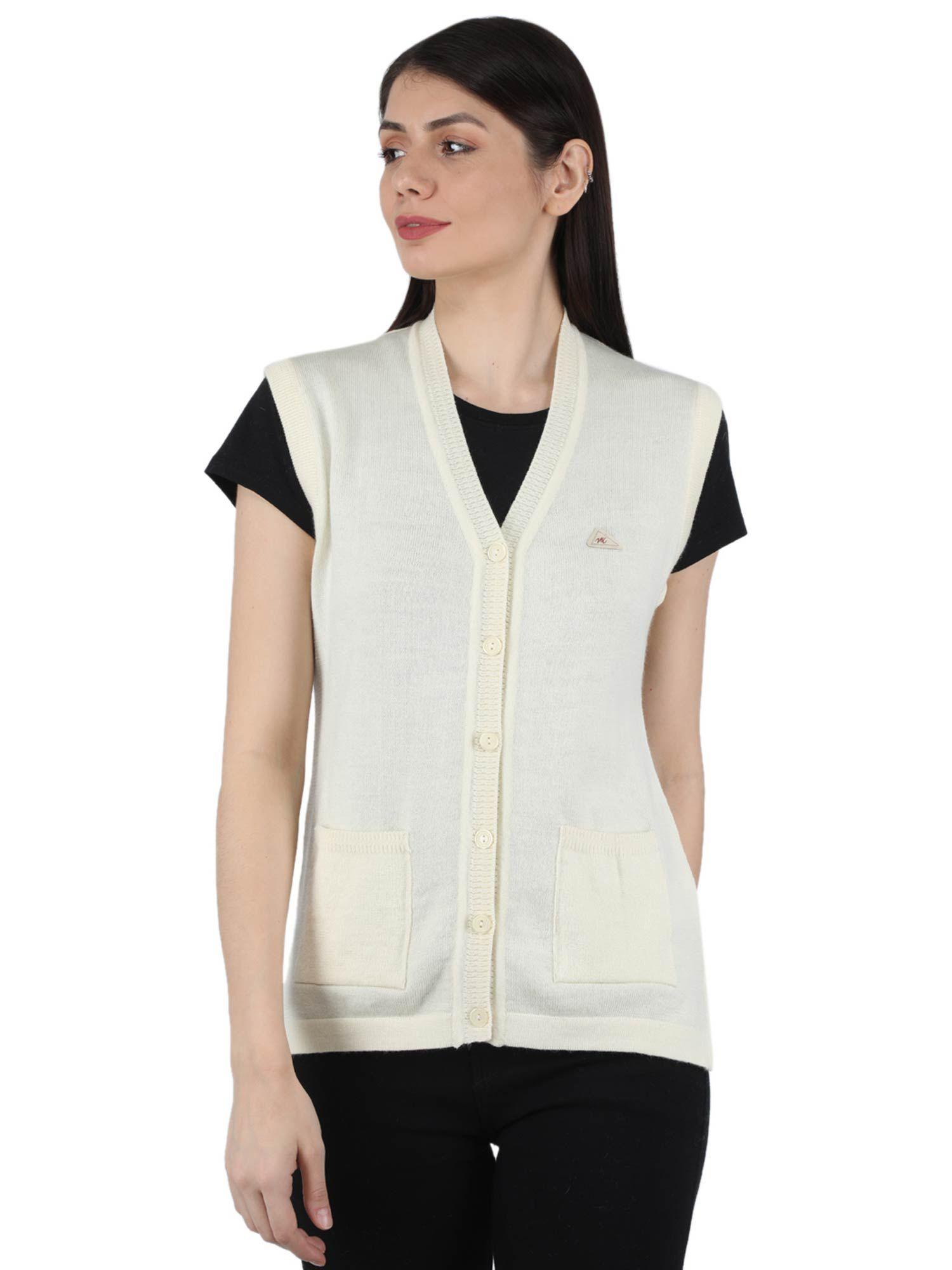 womens pure wool off white solid v neck cardigan