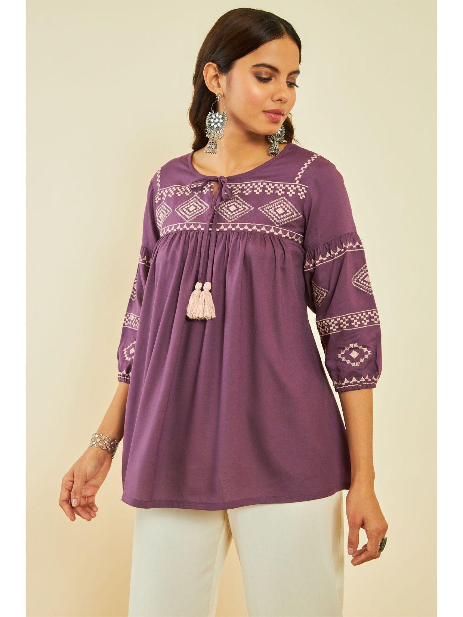 womens purple rayon embroidered tunic with thread work