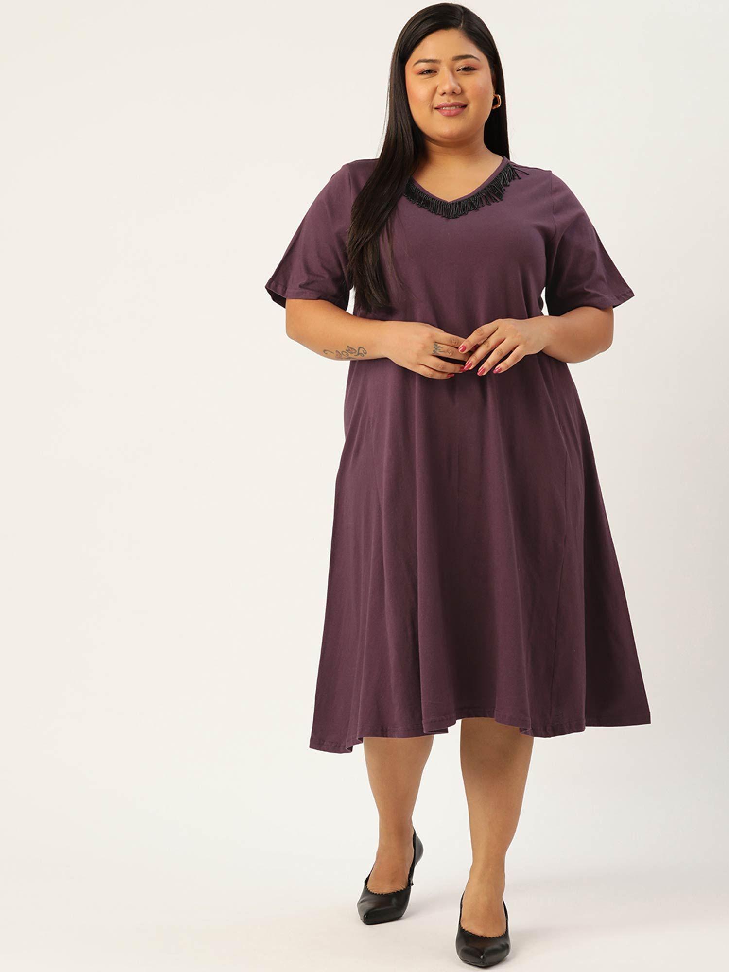 womens purple solid color glass tassels a-line midi dress