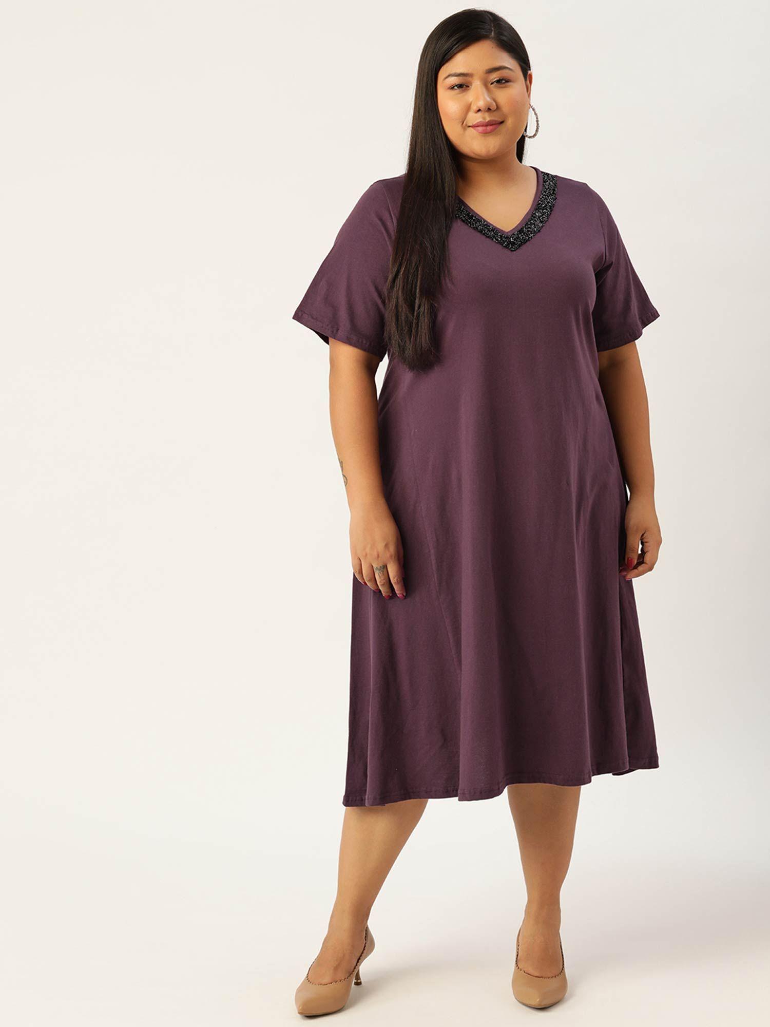womens purple solid color kardana tape a-line midi dress