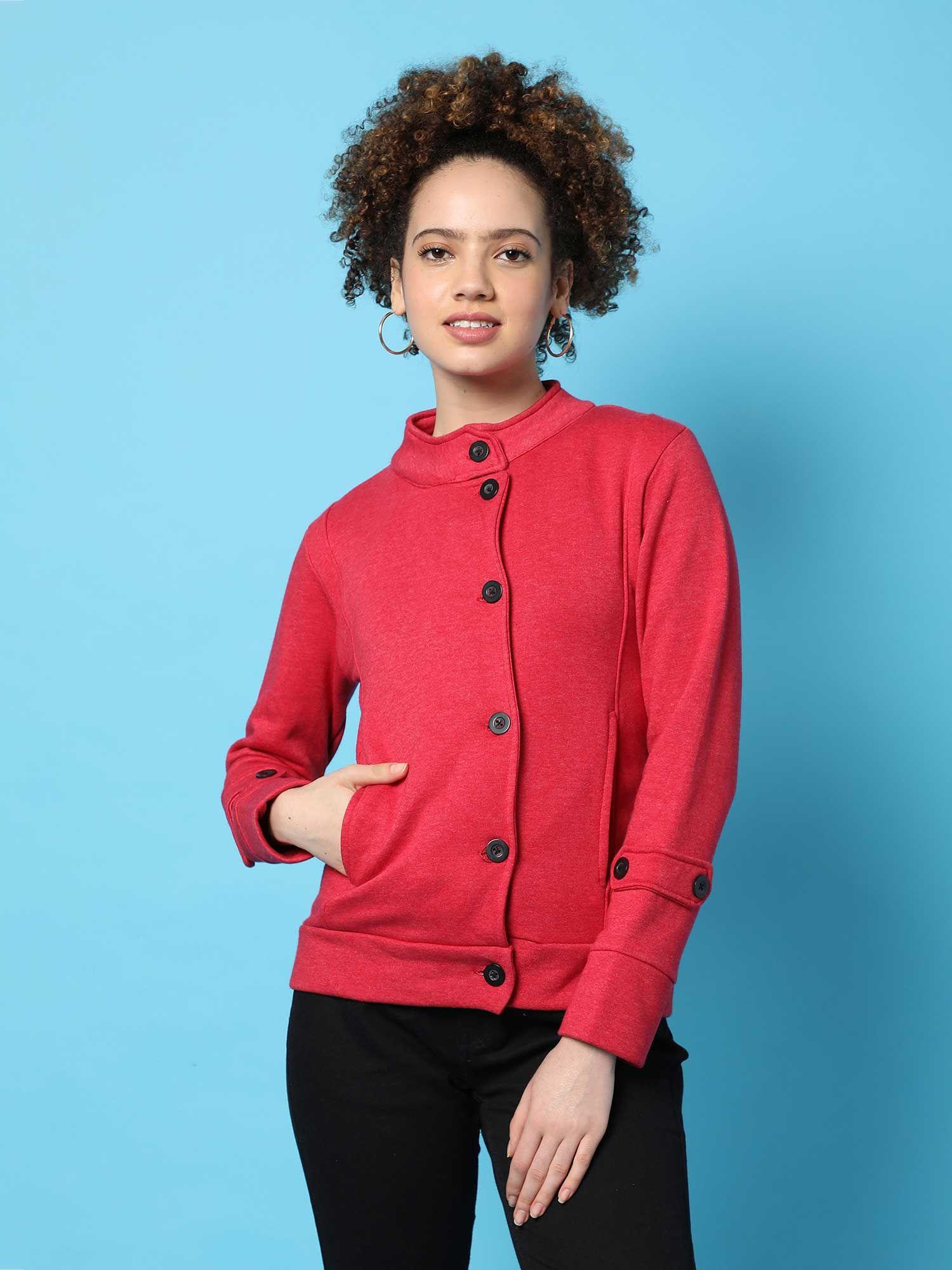 womens red solid cotton jacket