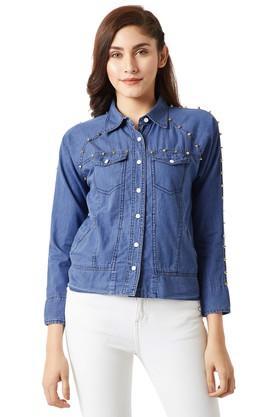 womens relaxed fit collared rinse wash bomber jacket - blue