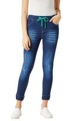 womens relaxed fit mid rise whiskered effect stretchable joggers - navy