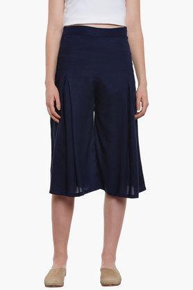womens relaxed fit solid pleated culottes - blue