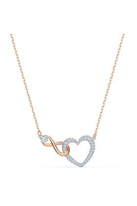 womens rose gold plated stone studded infinity and heart intertwined necklace