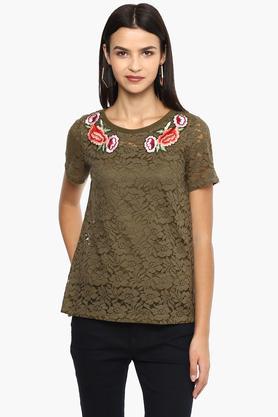 womens round neck lace applique top - olive