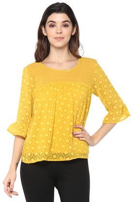 womens round neck lace top - mustard