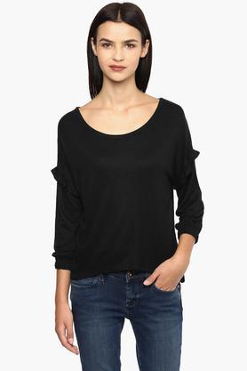 womens round neck solid top - black