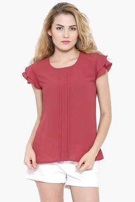 womens round neck solid top - red