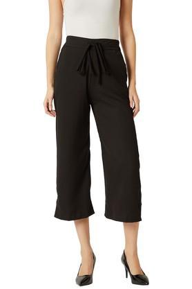 womens solid straight fit belted culottes - black