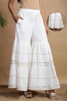 womens white cotton voile solid sharara with gotta patti work - white