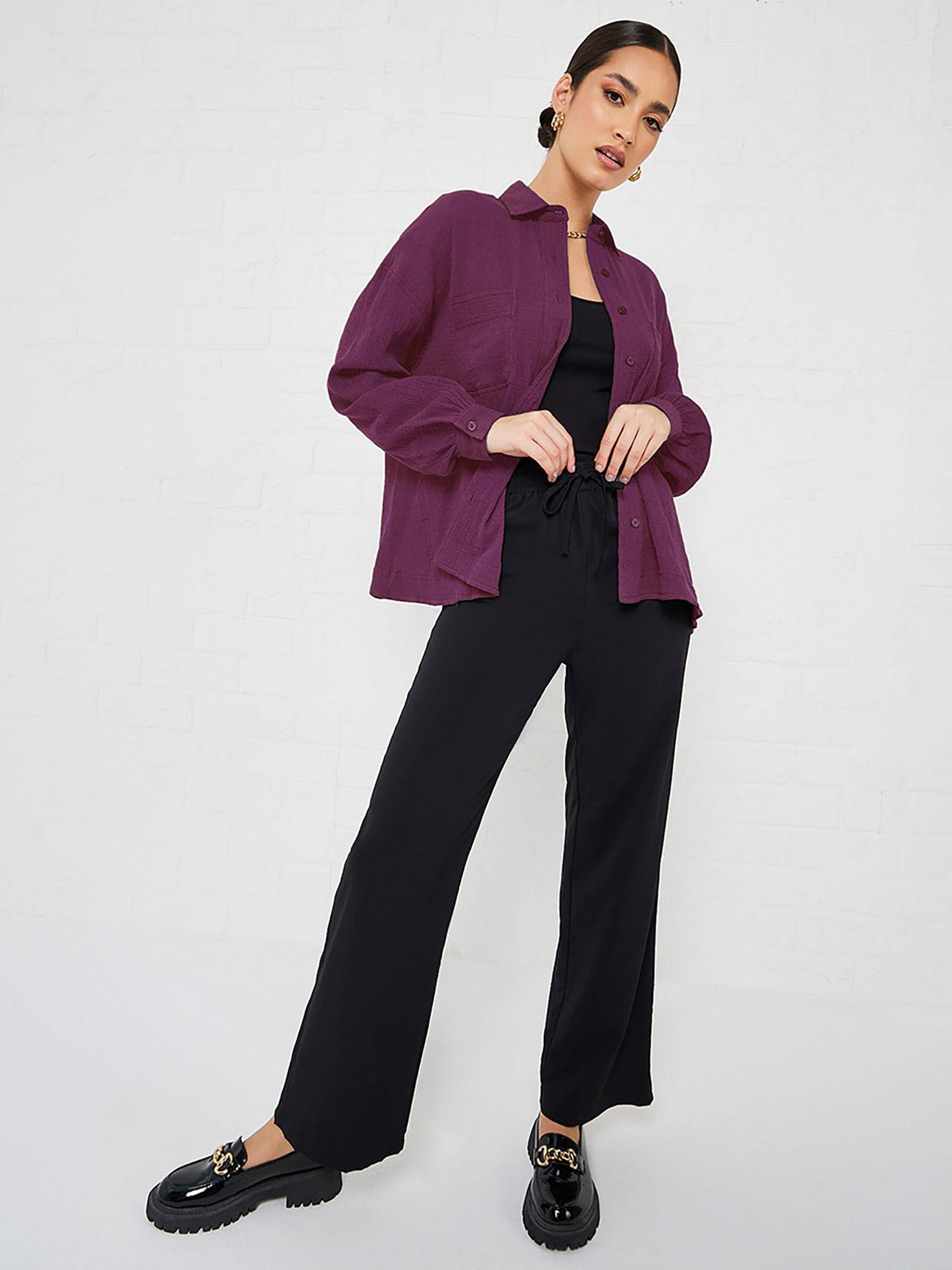 womens wine drop shoulder crepe oversized shirt with patch pocket
