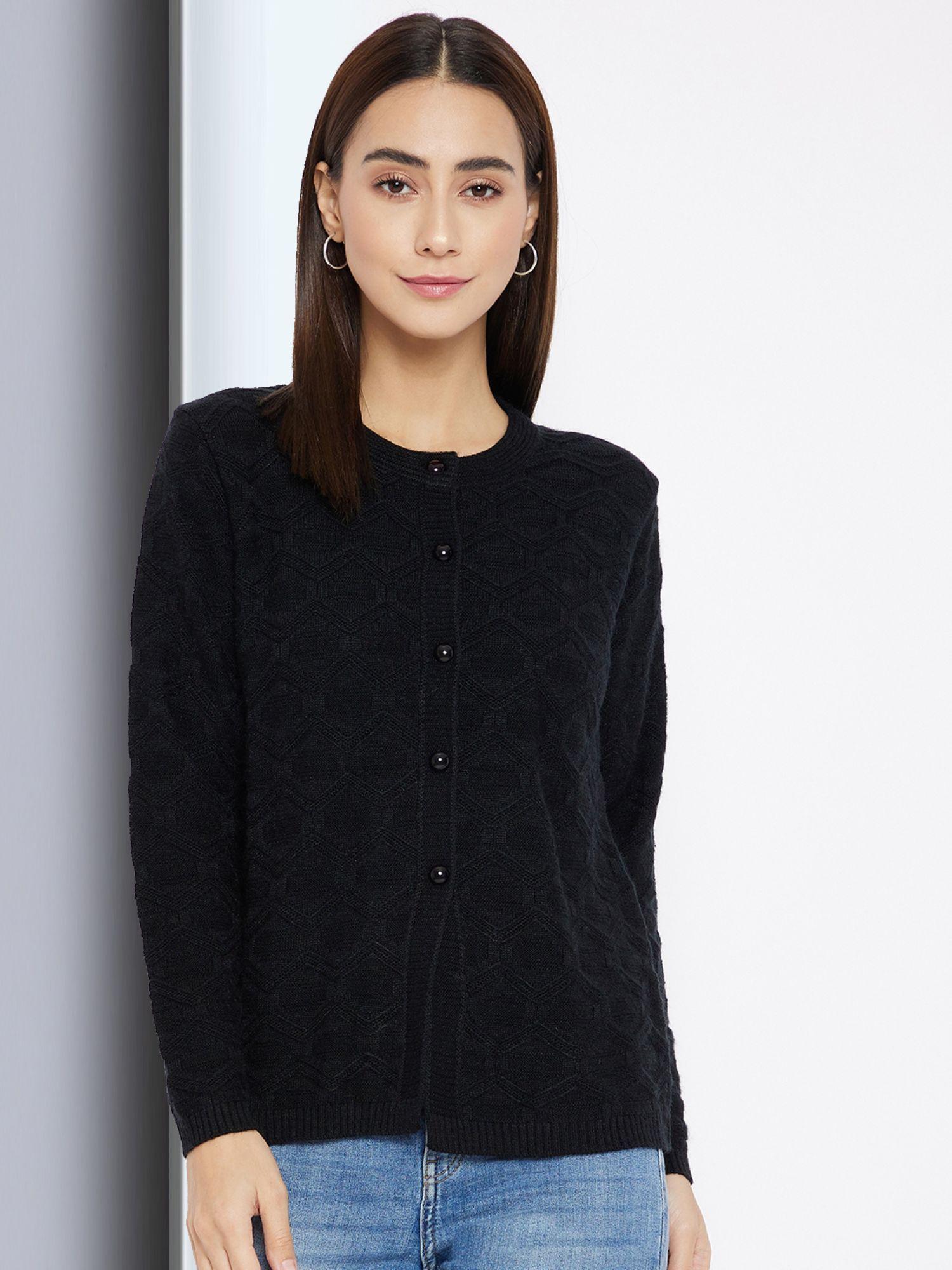 womens wool blend black full sleeve solid self design round neck cardigan