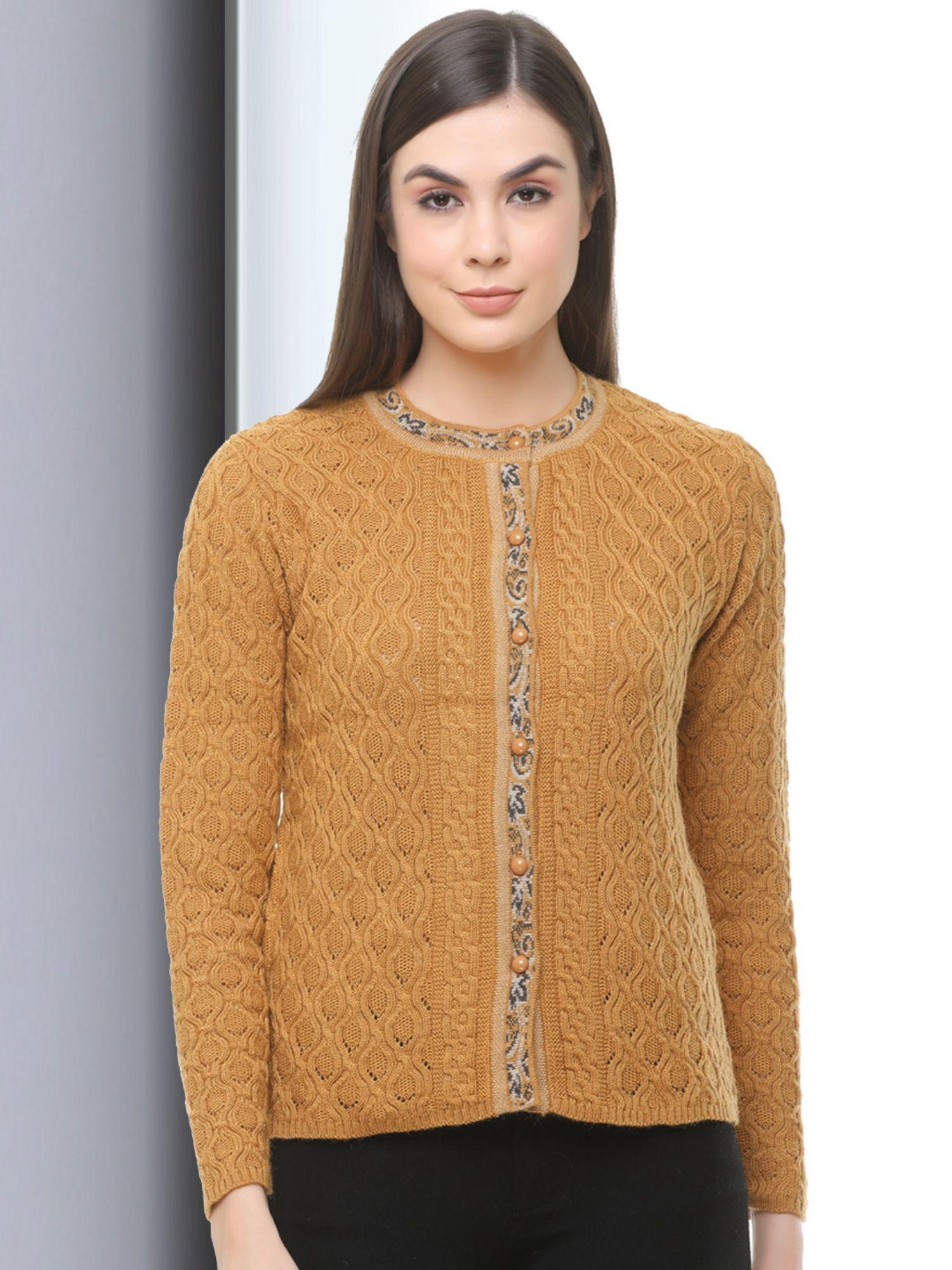 womens wool blend gold full sleeve solid self design round neck cardigan