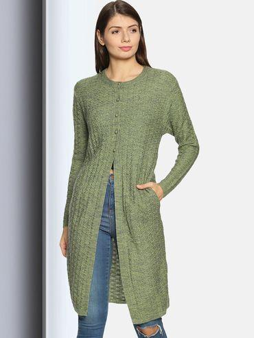 womens wool blend green full sleeve solid self design round neck cardigan