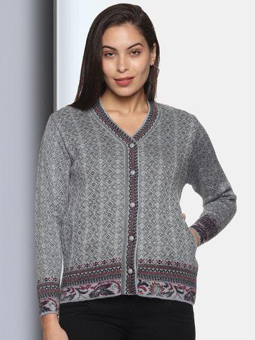 womens wool blend grey full sleeve solid self design v neck cardigan