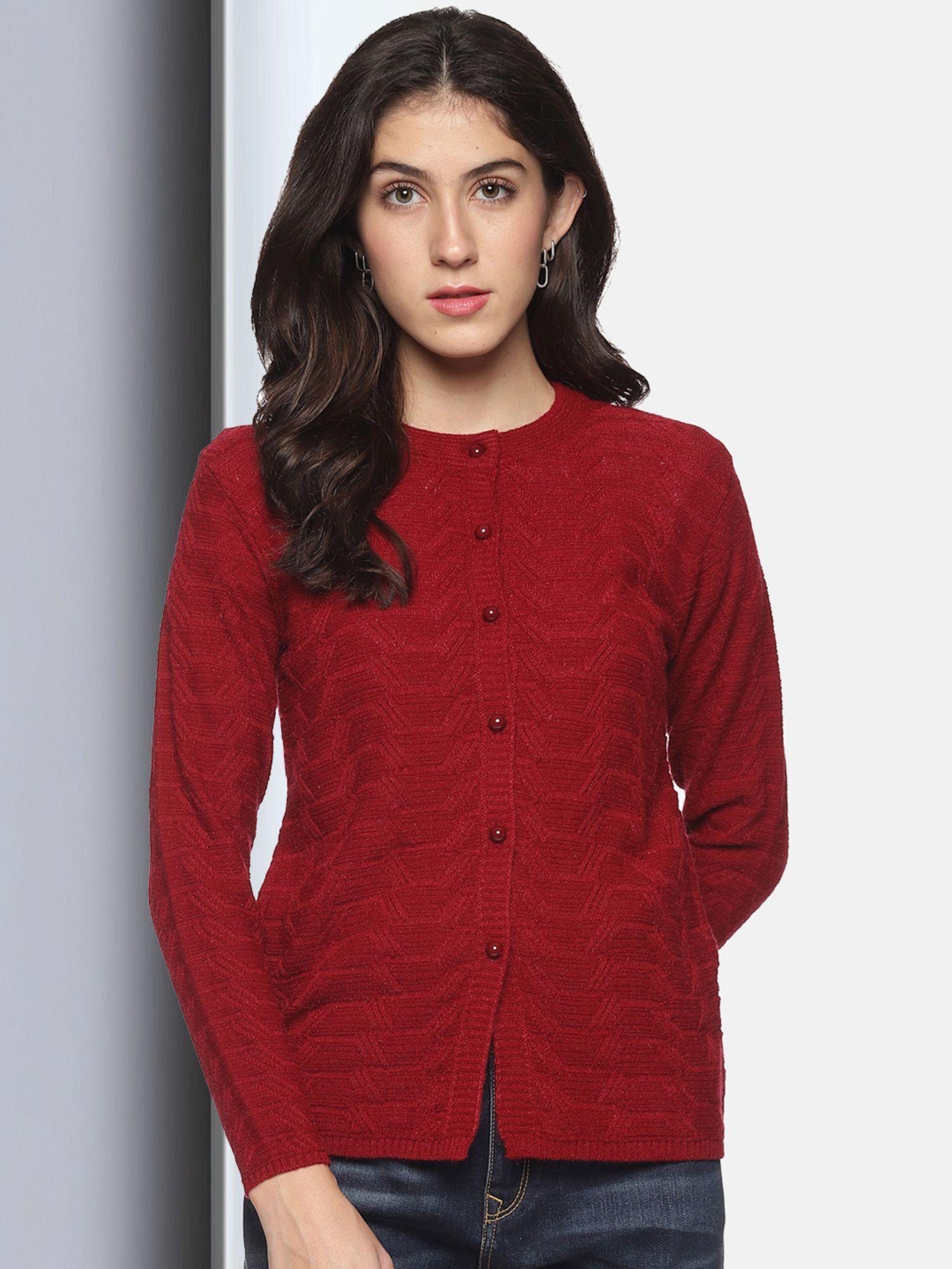 womens wool blend maroon full sleeve solid self design round neck cardigan