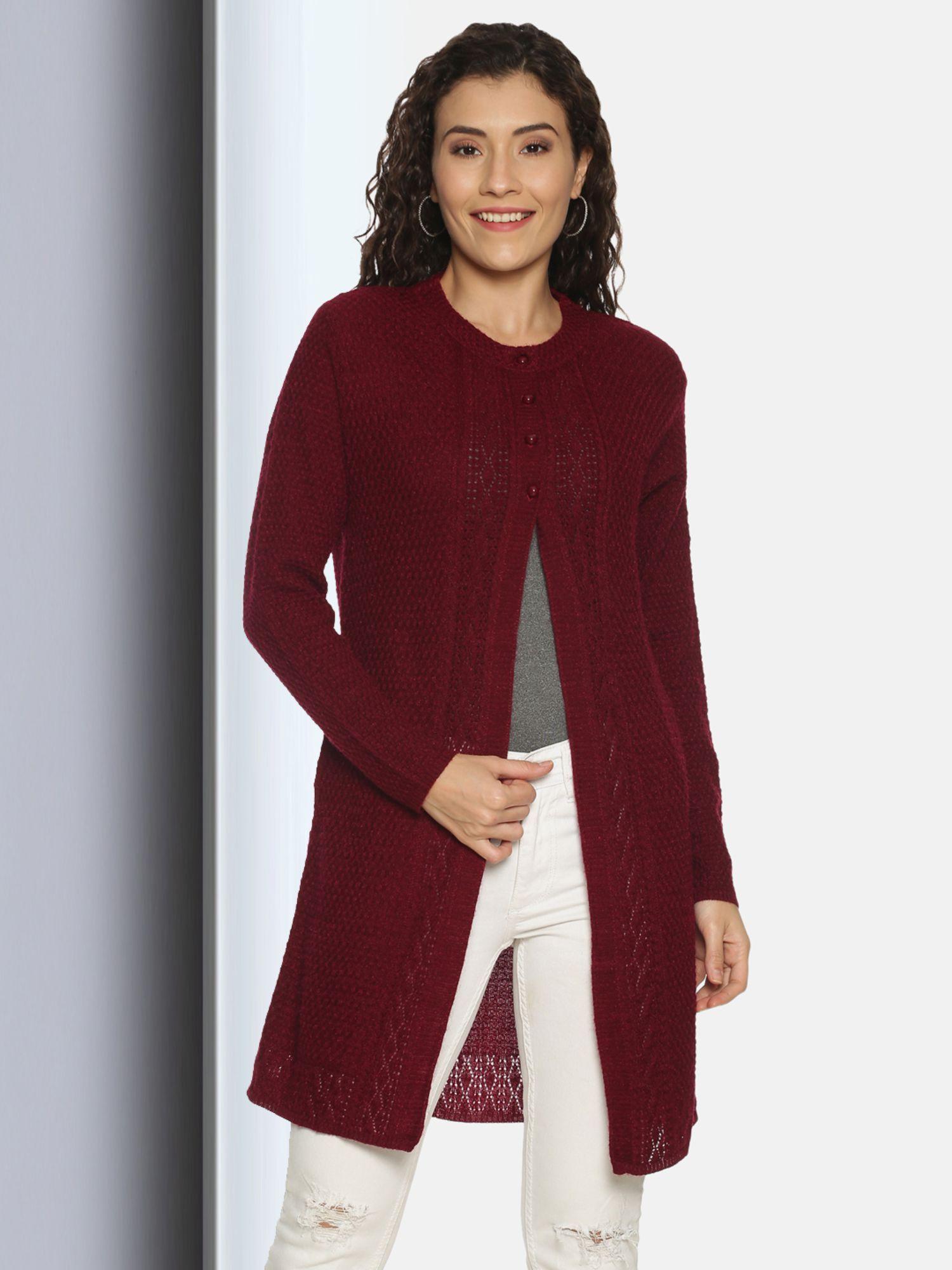 womens wool blend maroon full sleeve solid self design round neck cardigan