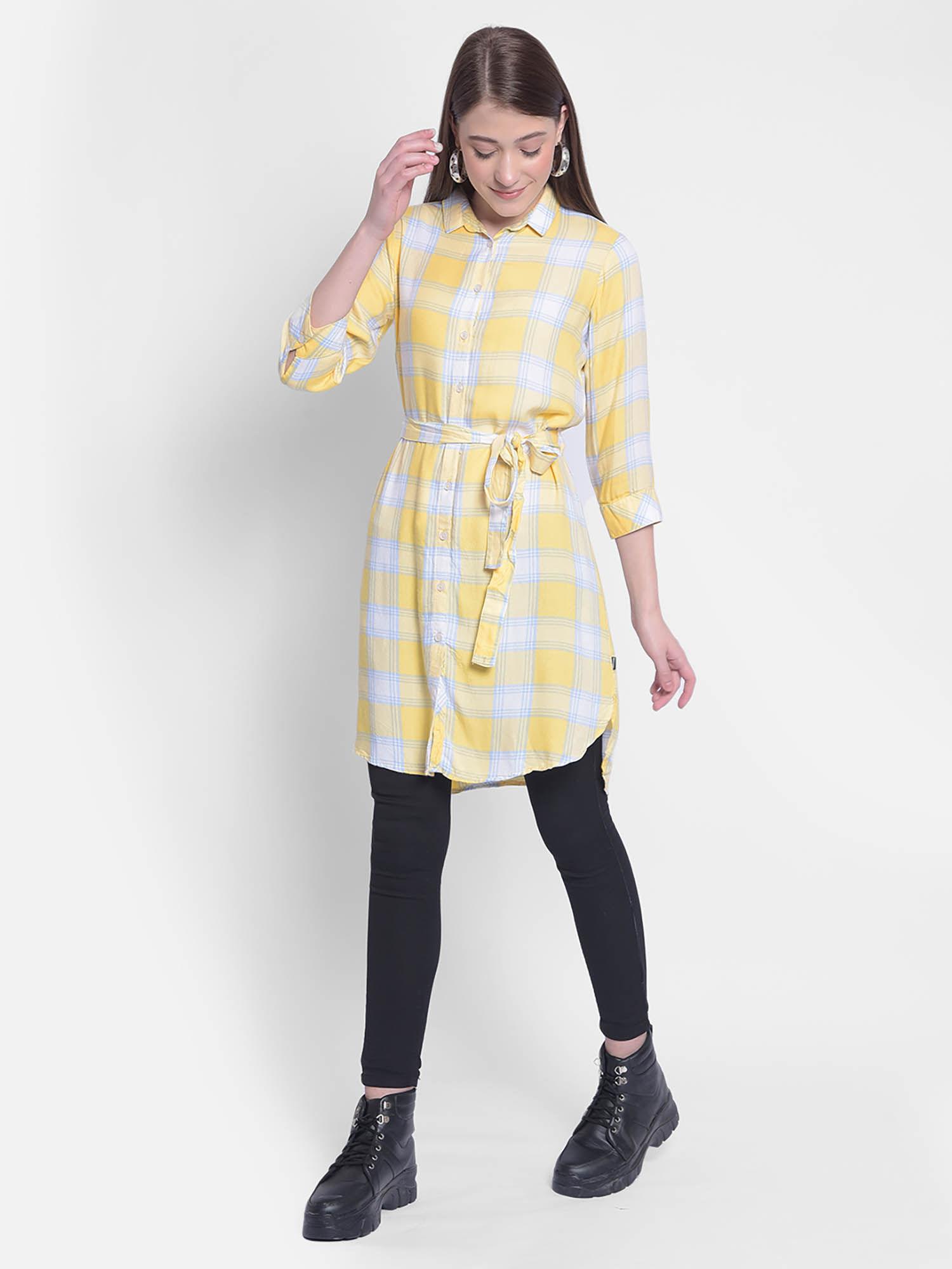womens yellow checked dress in shirt shape with belt (set of 2)