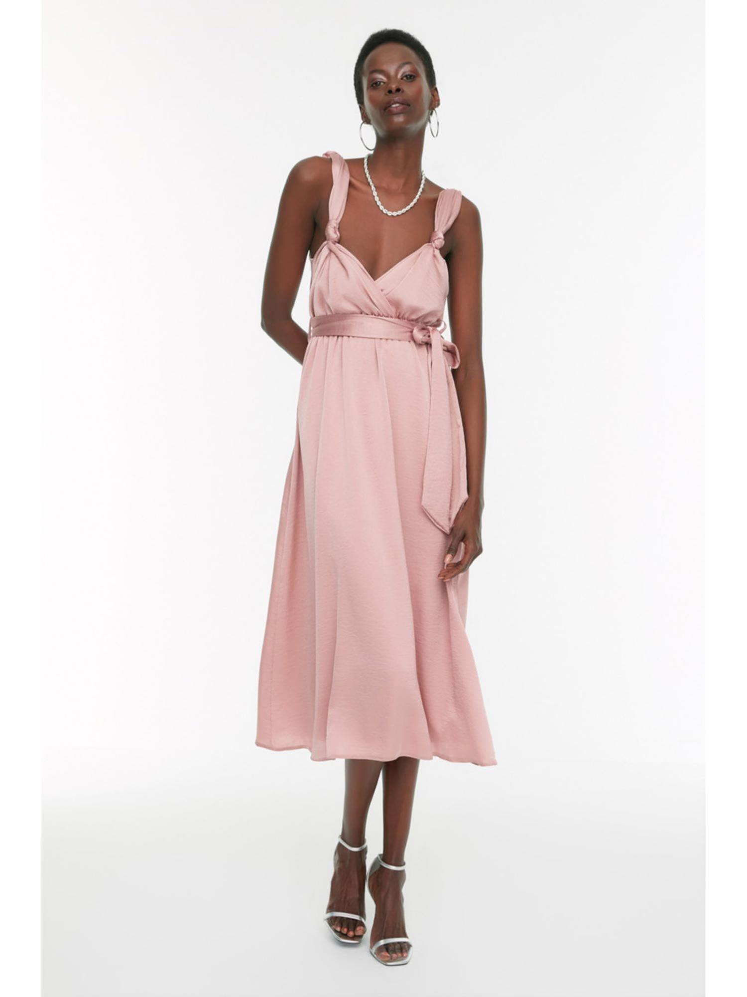 womens a-line pink midi dresses with belt