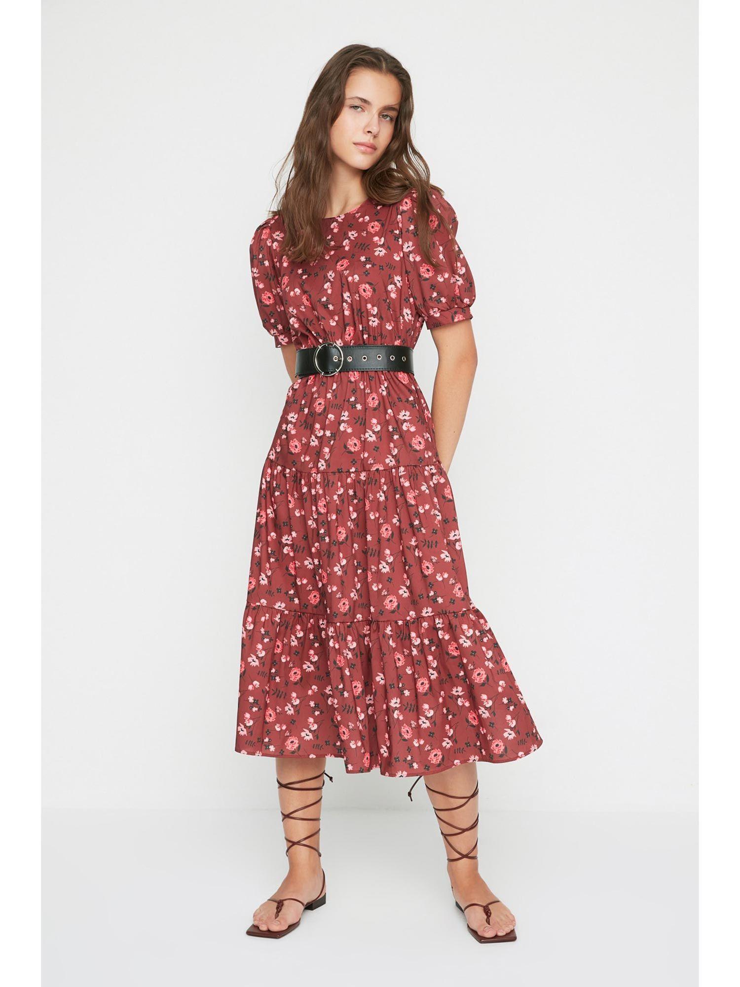 womens a-line red midi dresses with belt