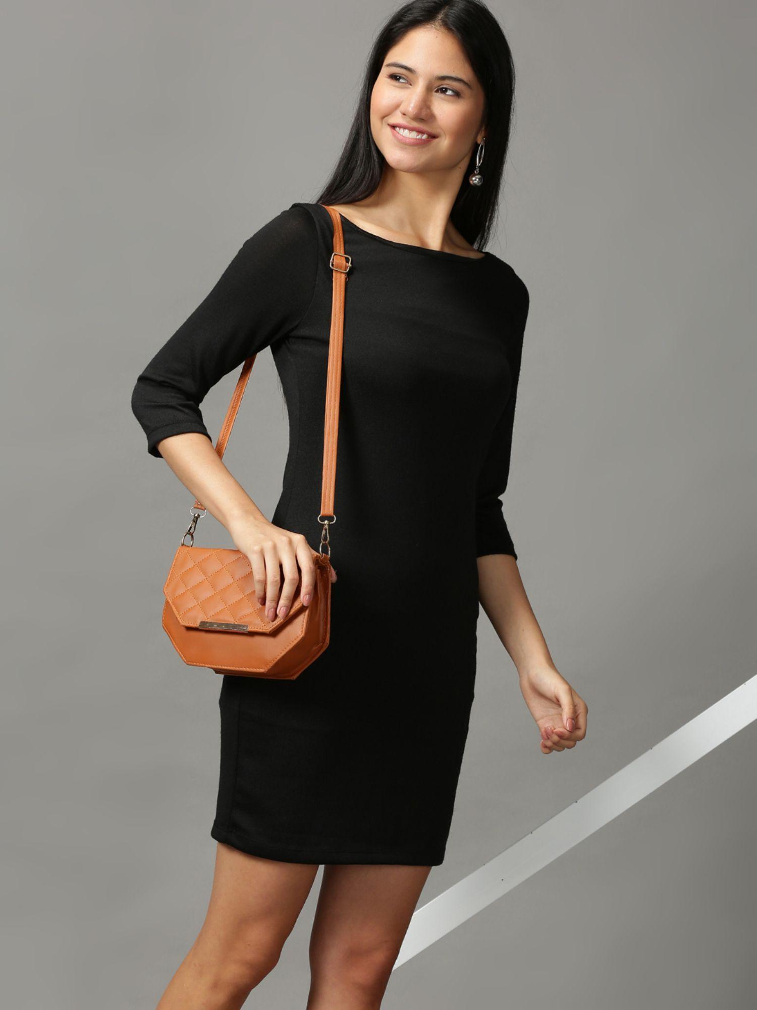 womens above knee bodycon black solid dress