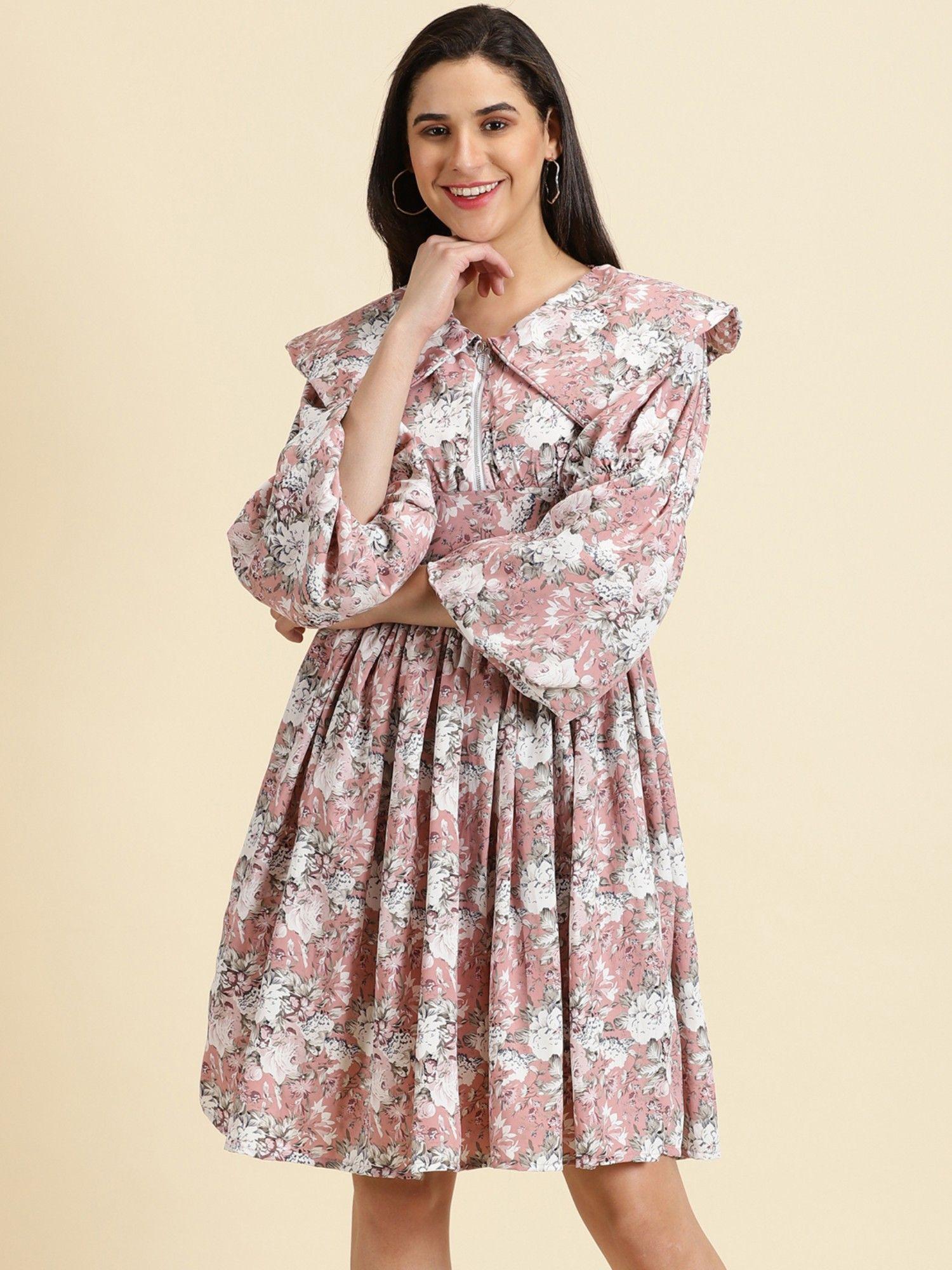 womens above the keyboard collar printed fit and flare peach dress