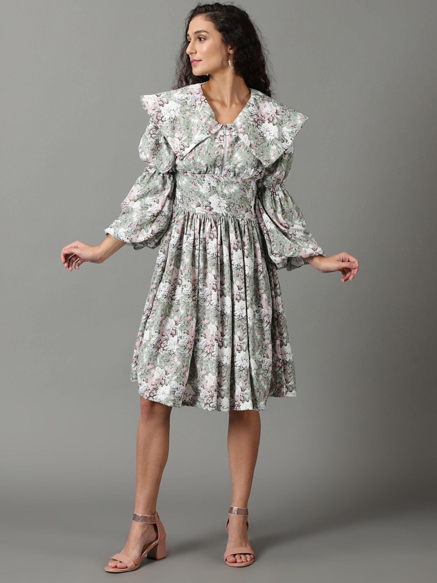 womens above the keyboard collar printed fit and flare sea green dress
