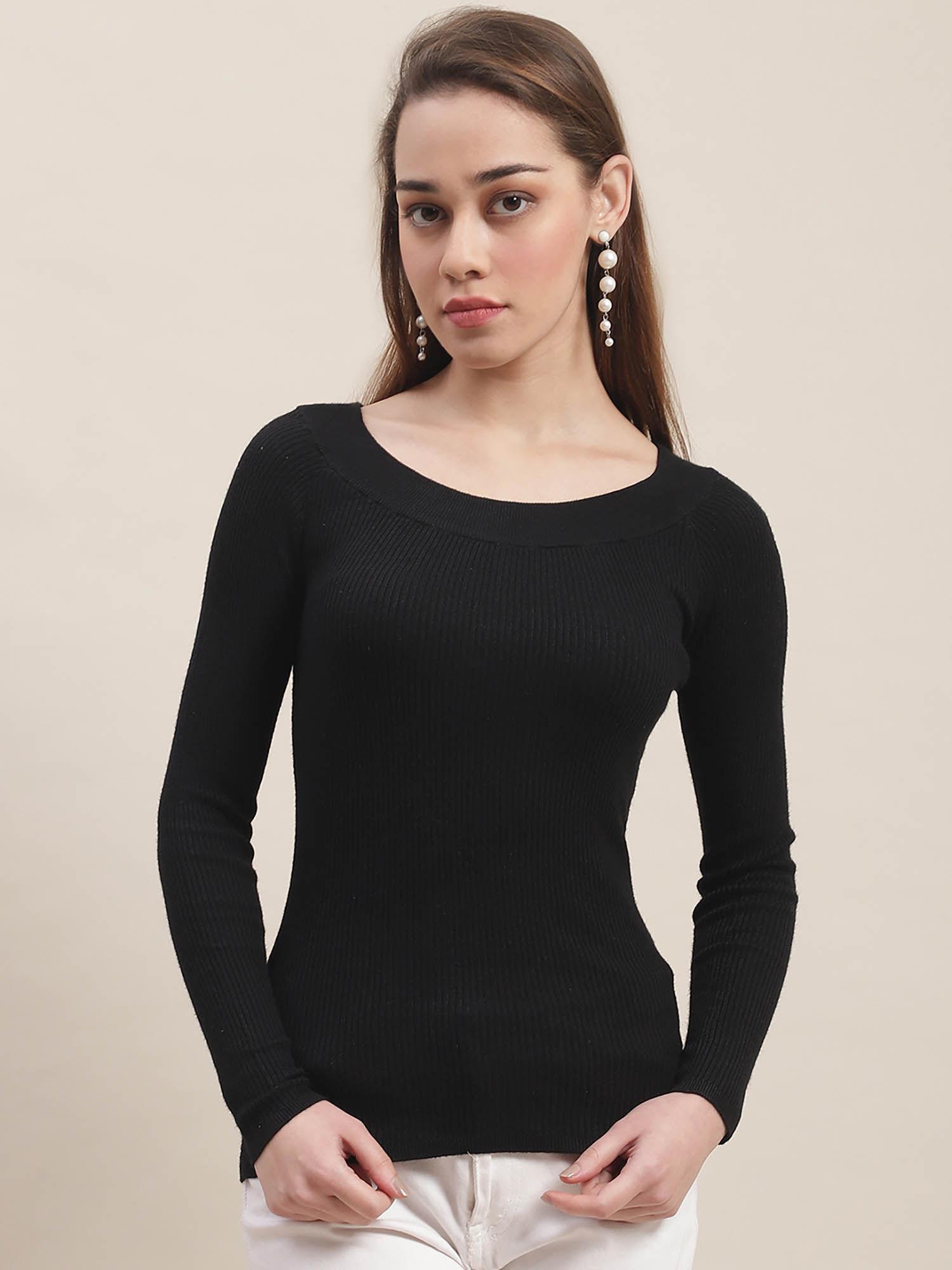 womens acrylic full sleeve boat neck ribbed black top