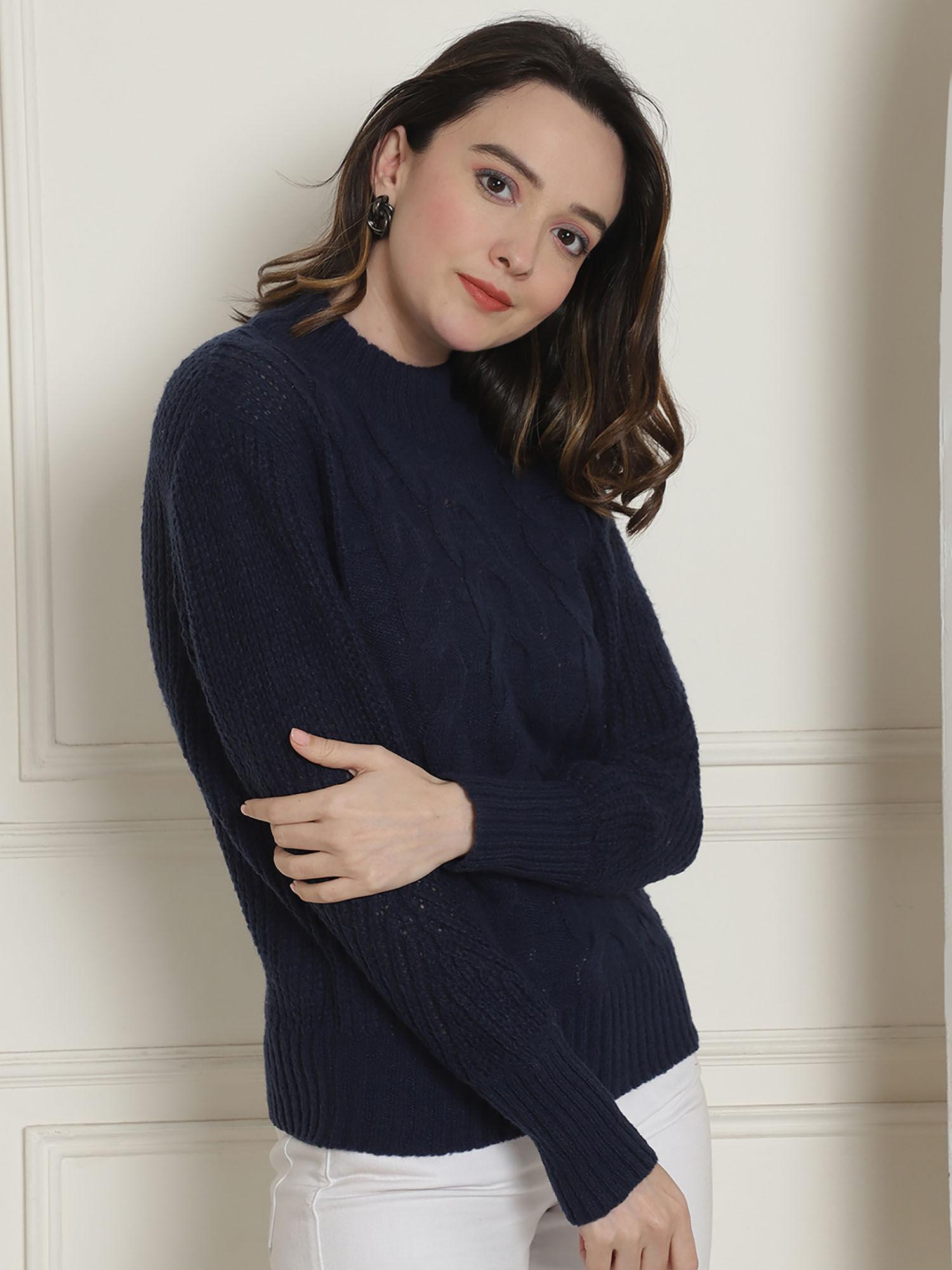 womens acrylic high neck with full sleeves dark blue regular sweater