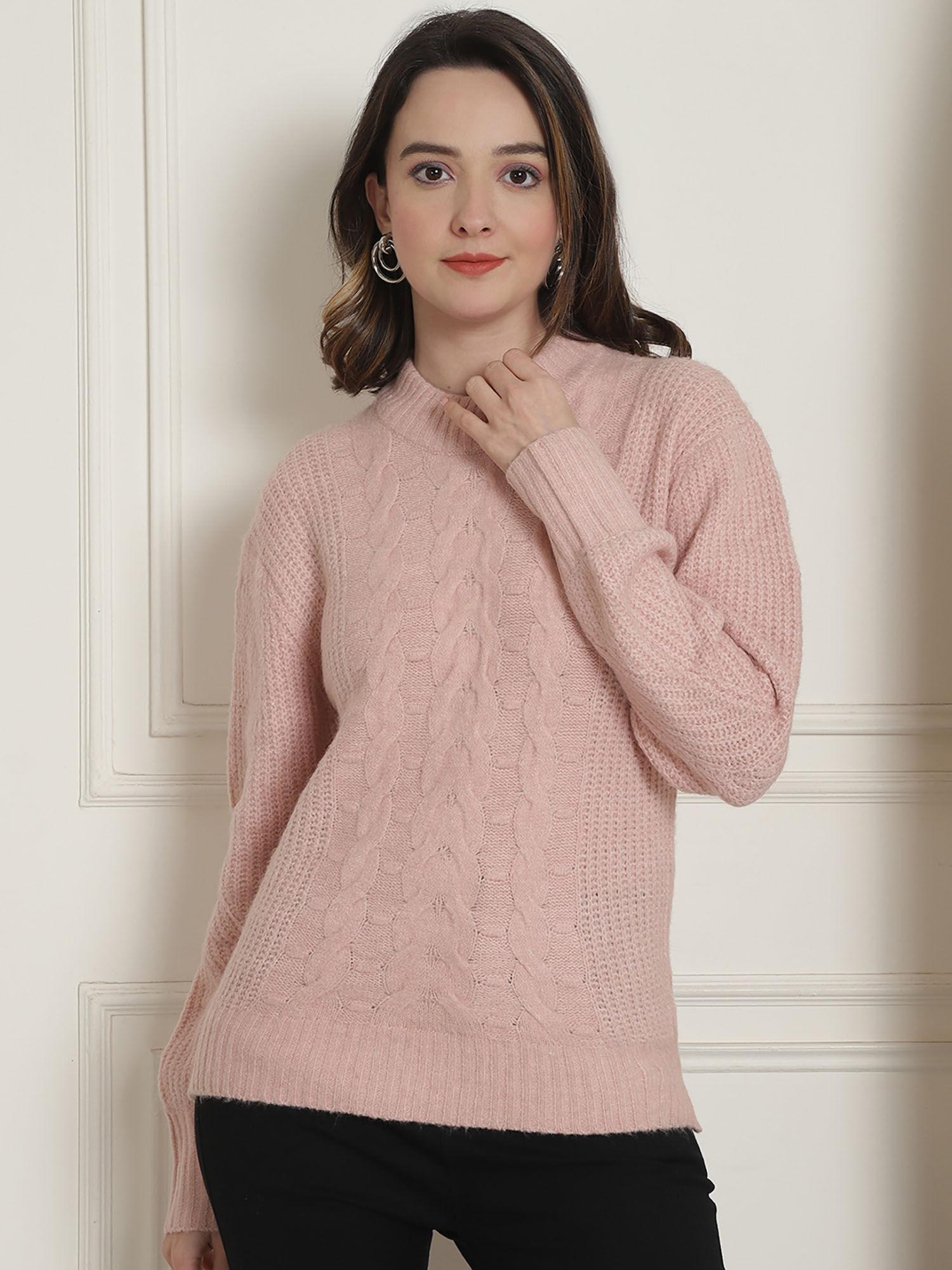 womens acrylic high neck with full sleeves light rose regular sweater