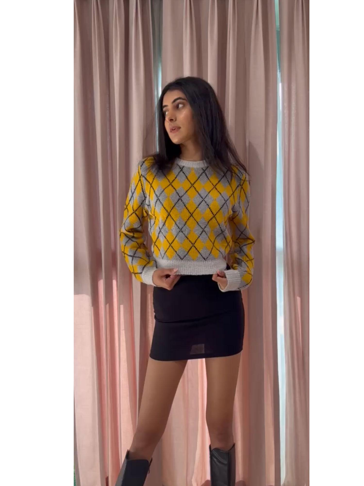 womens acylic full sleeve geometric yellow sweater