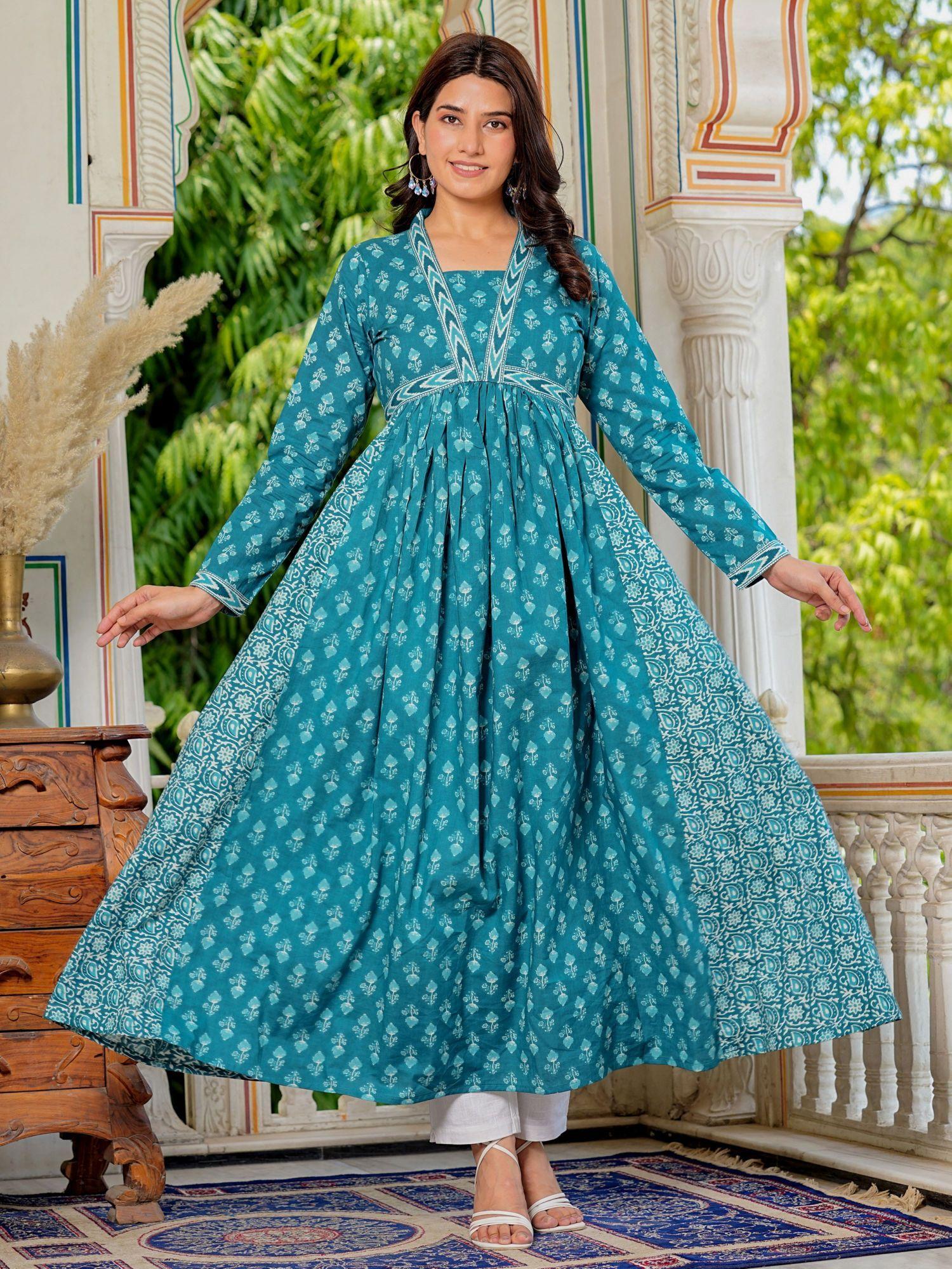 womens alia cut anarkali cotton aqua stitched kurta