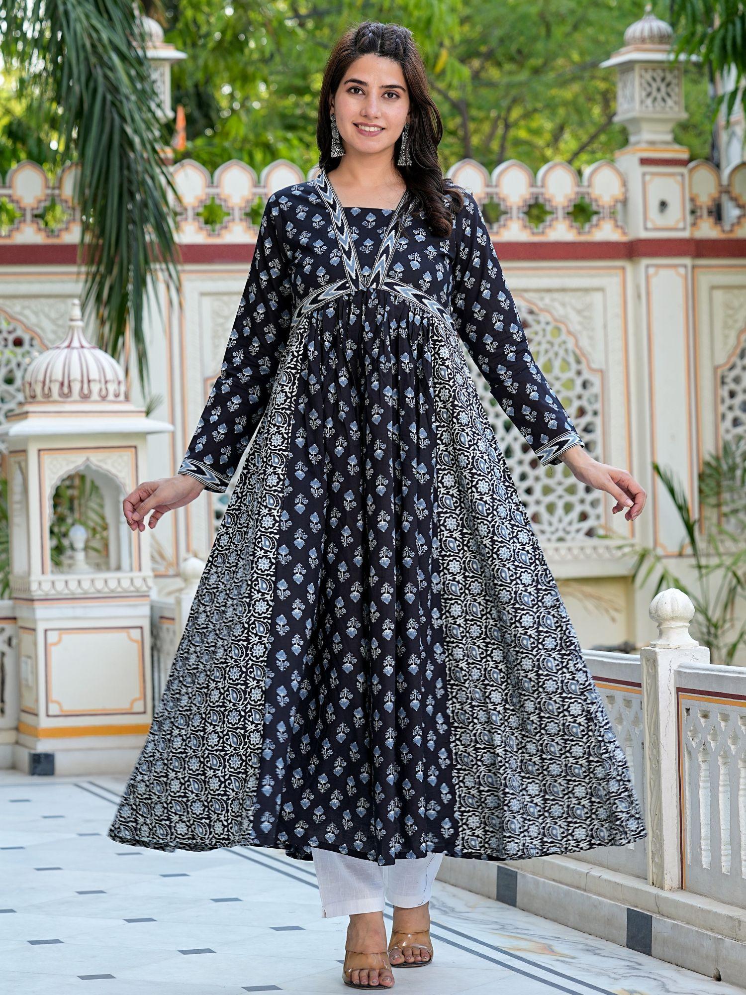 womens alia cut anarkali cotton black stitched kurta