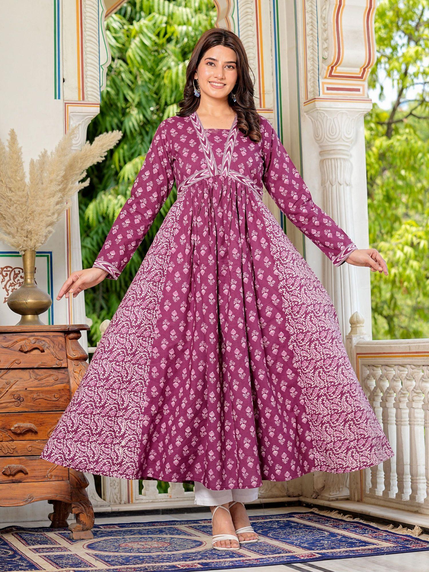 womens alia cut anarkali cotton purple stitched kurta