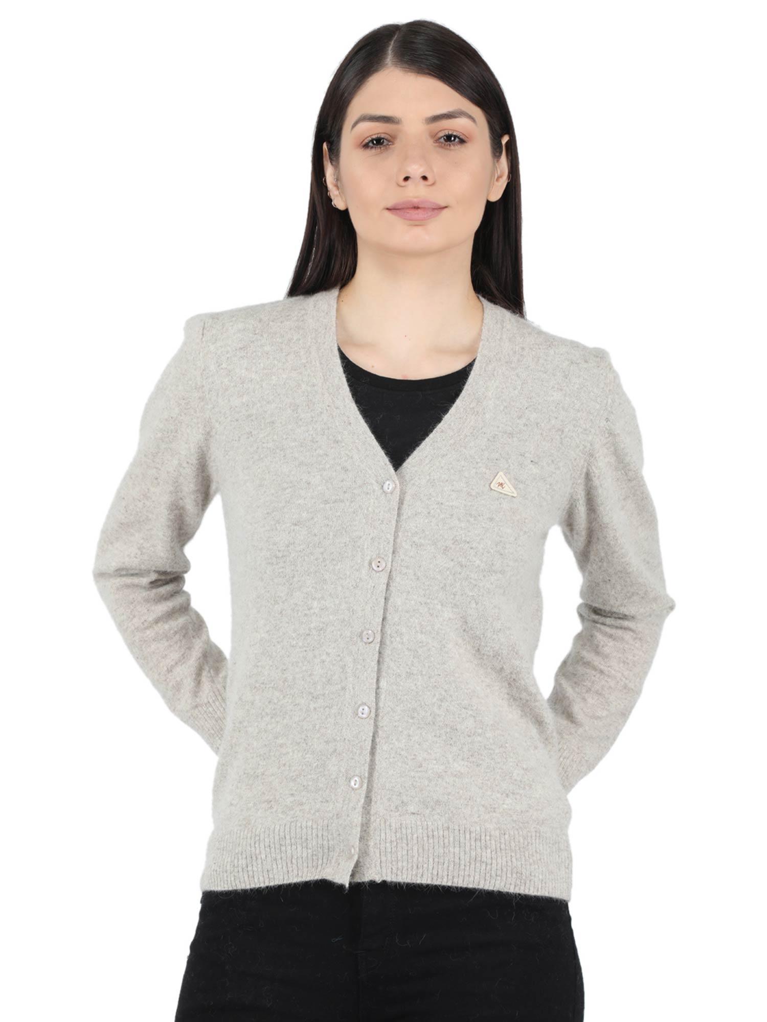 womens angoora khaki solid v neck cardigan