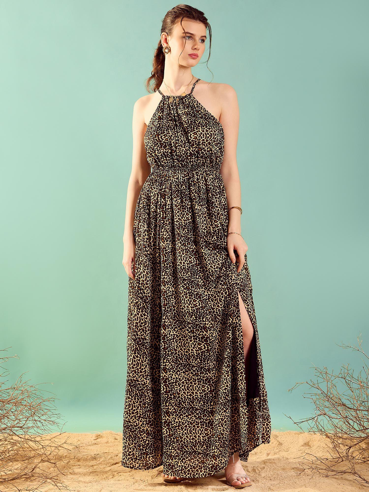 womens animal print maxi halter neck with elastic waist maxi dress