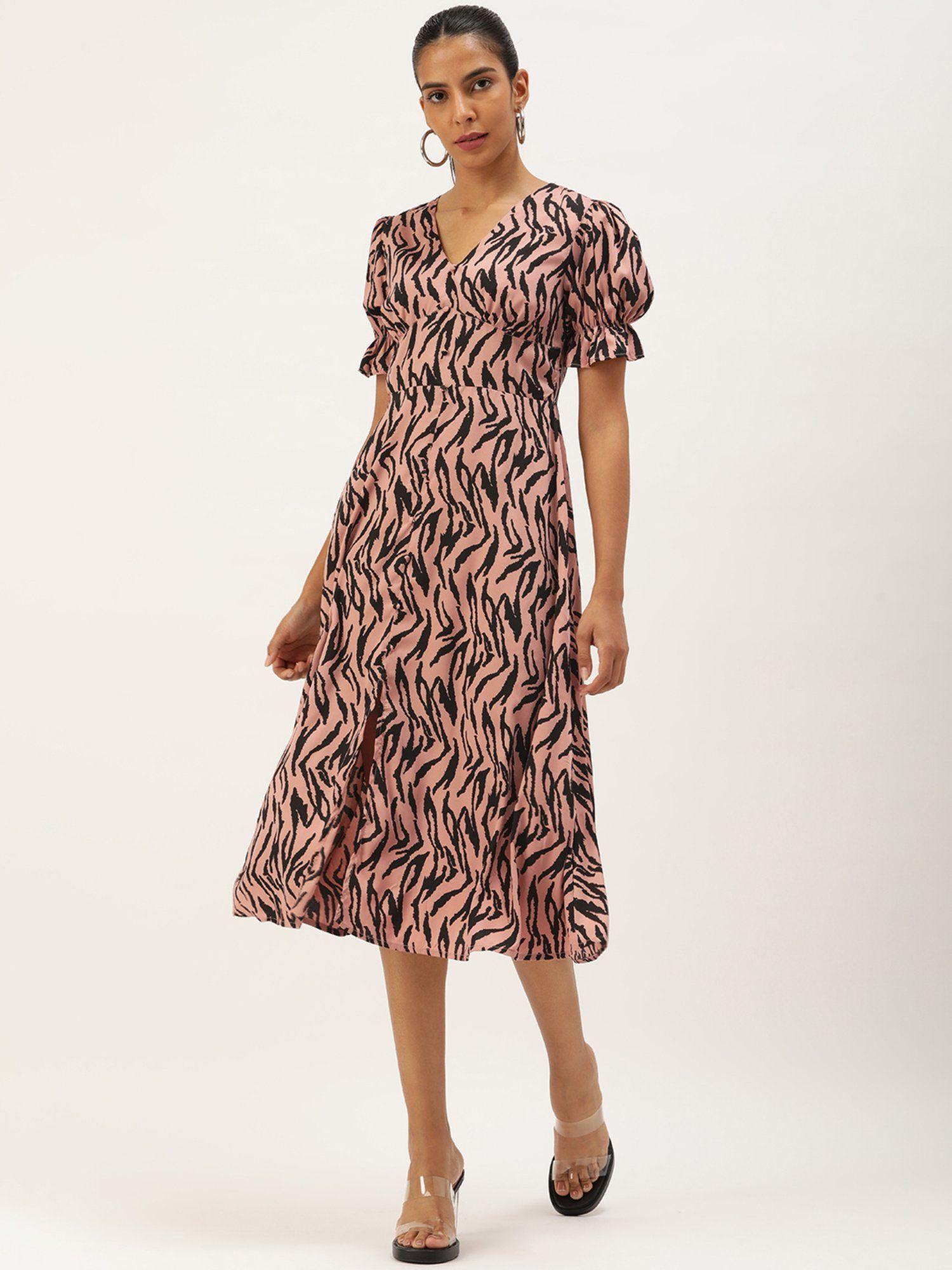 womens animal print short puff sleeve crepe dress