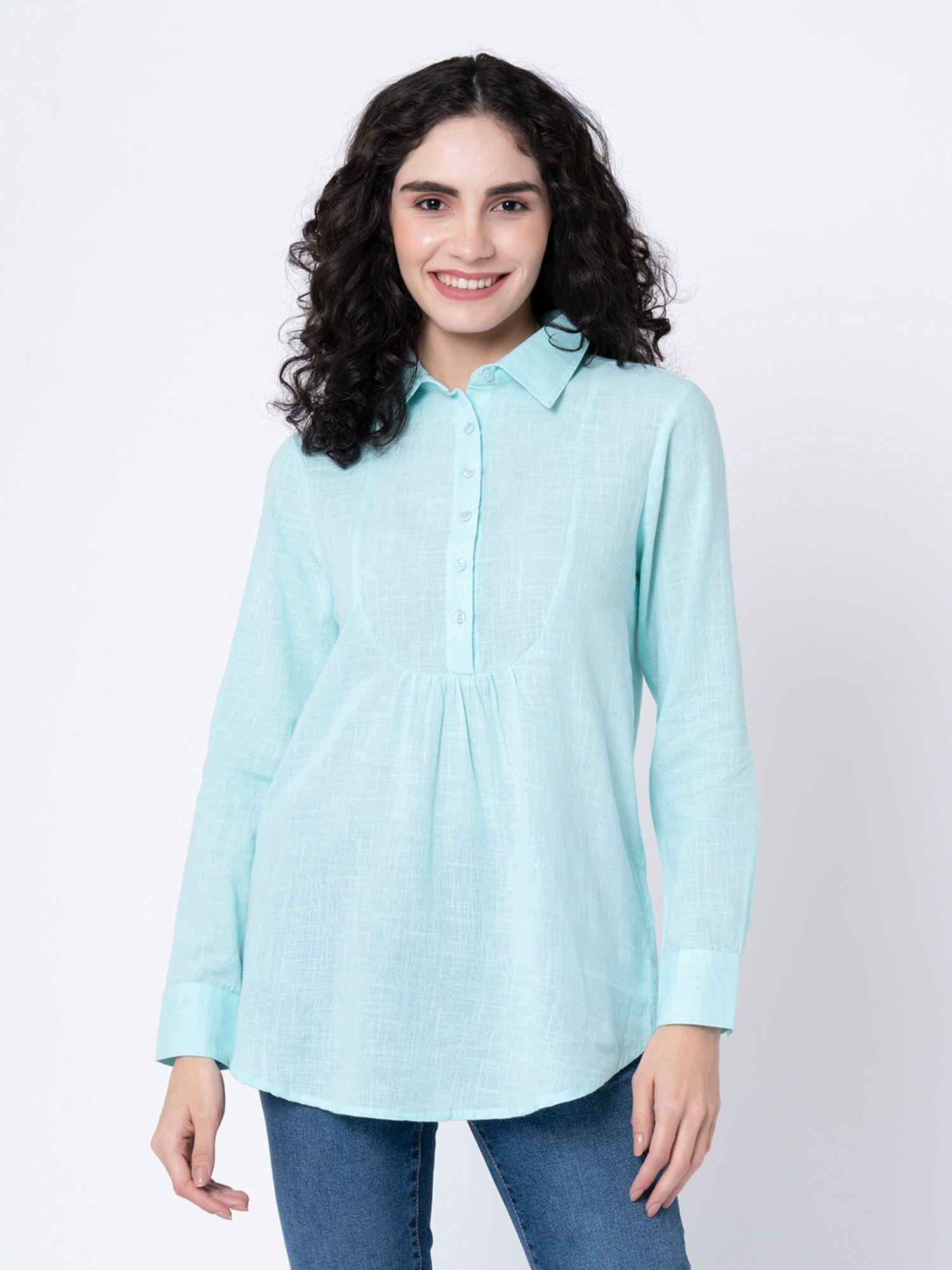 womens aqua solid blouse tunic