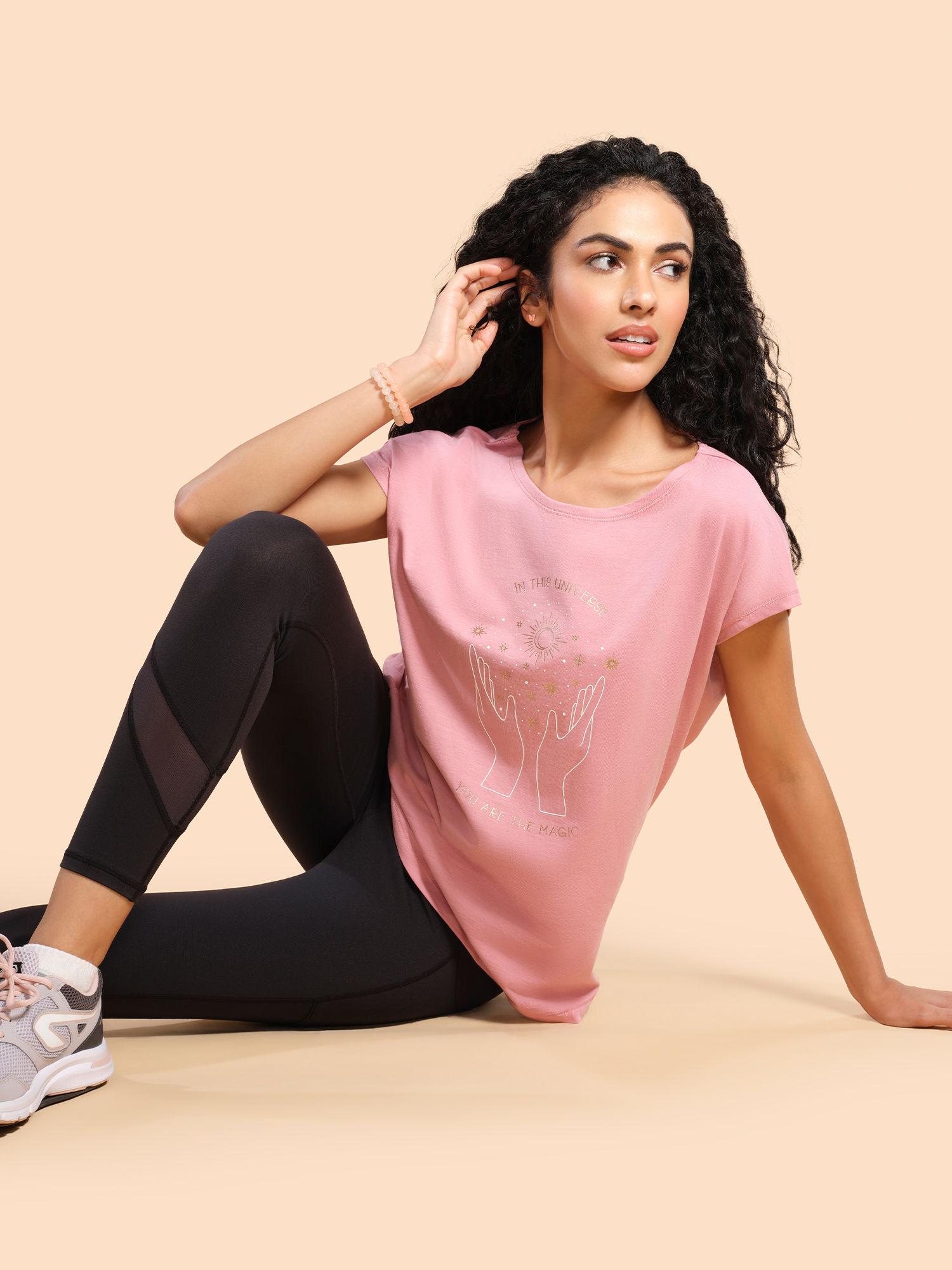 womens athleisure e131-short sleeve boat neck antimicrobial stretch cotton tshirt-pink