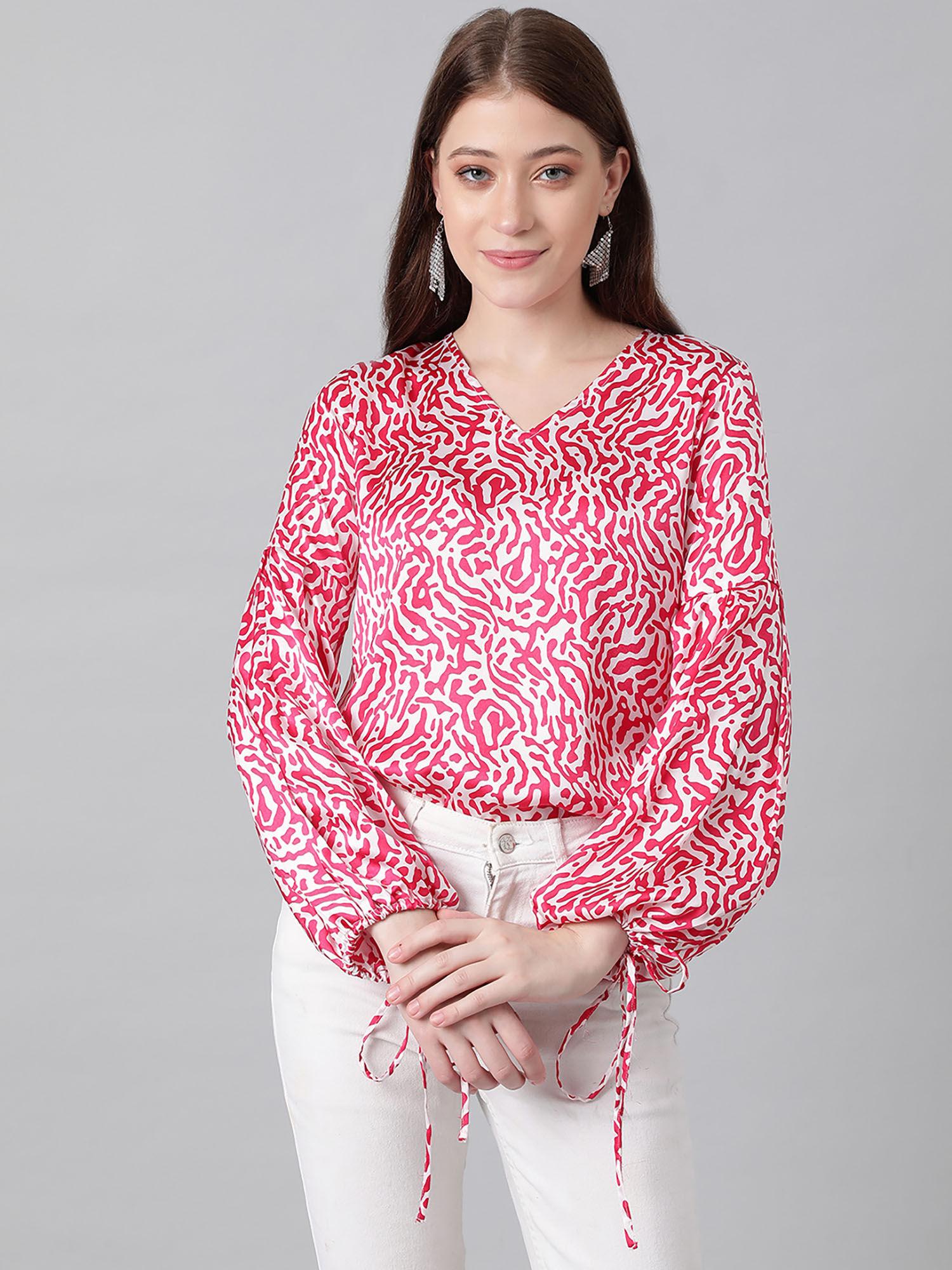 womens balloon sleeve printed multi-color white top