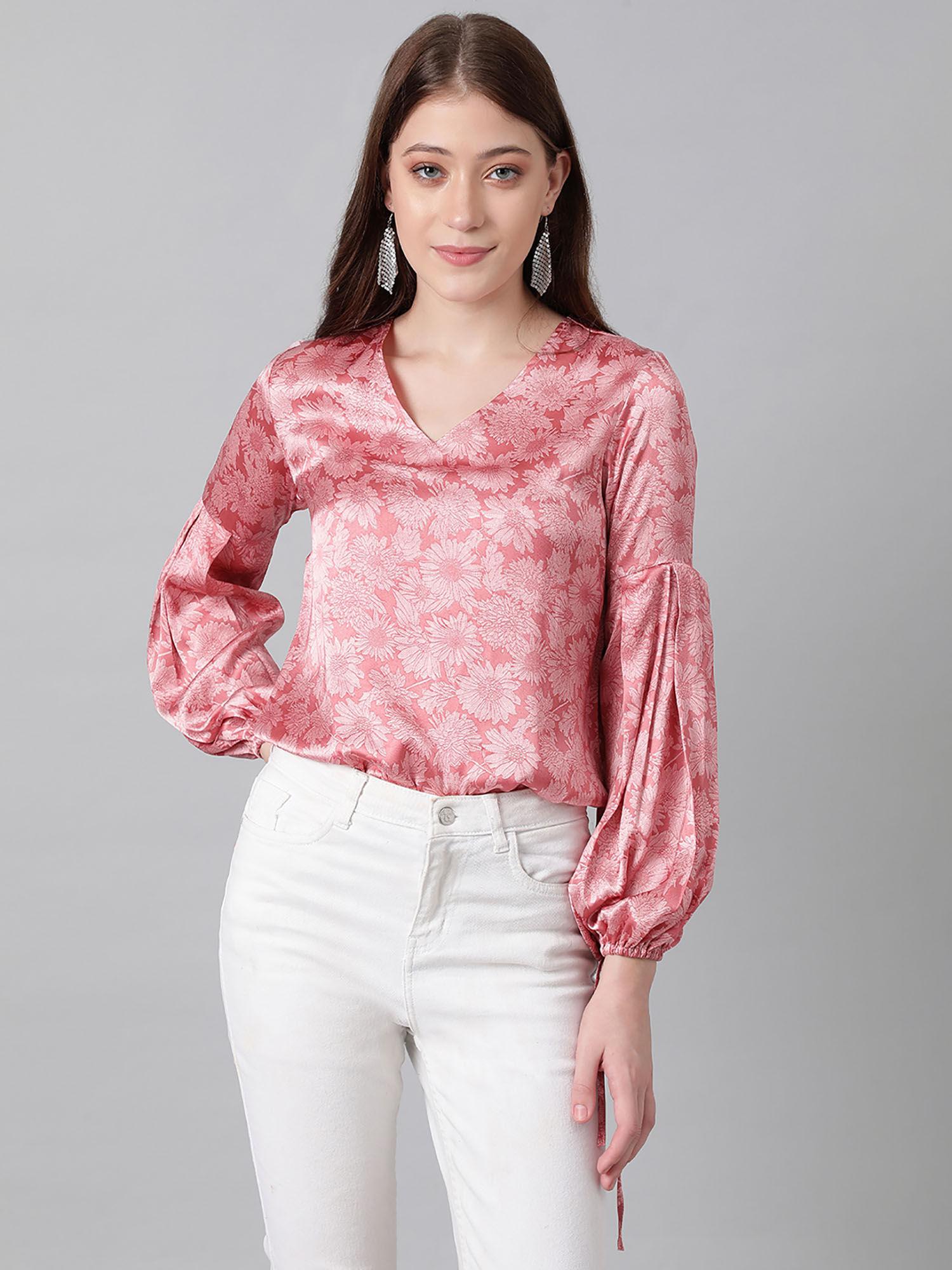 womens balloon sleeve printed pink top