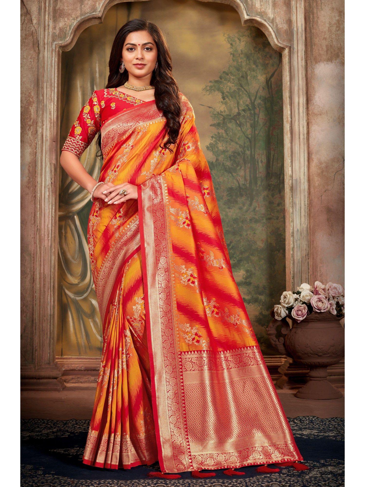 womens banarasi silk woven orange saree with unstitched blouse