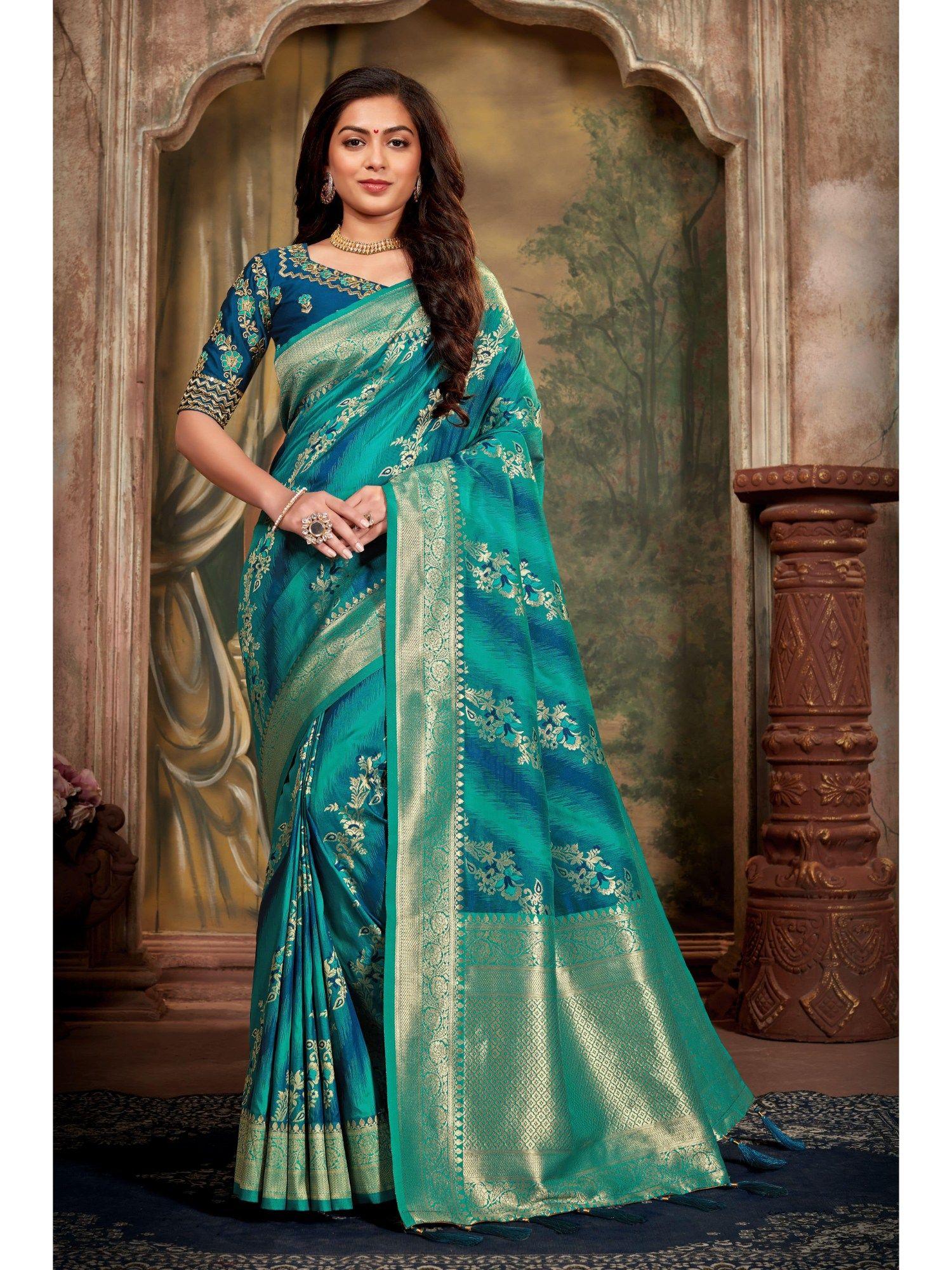 womens banarasi silk woven turquoise saree with unstitched blouse