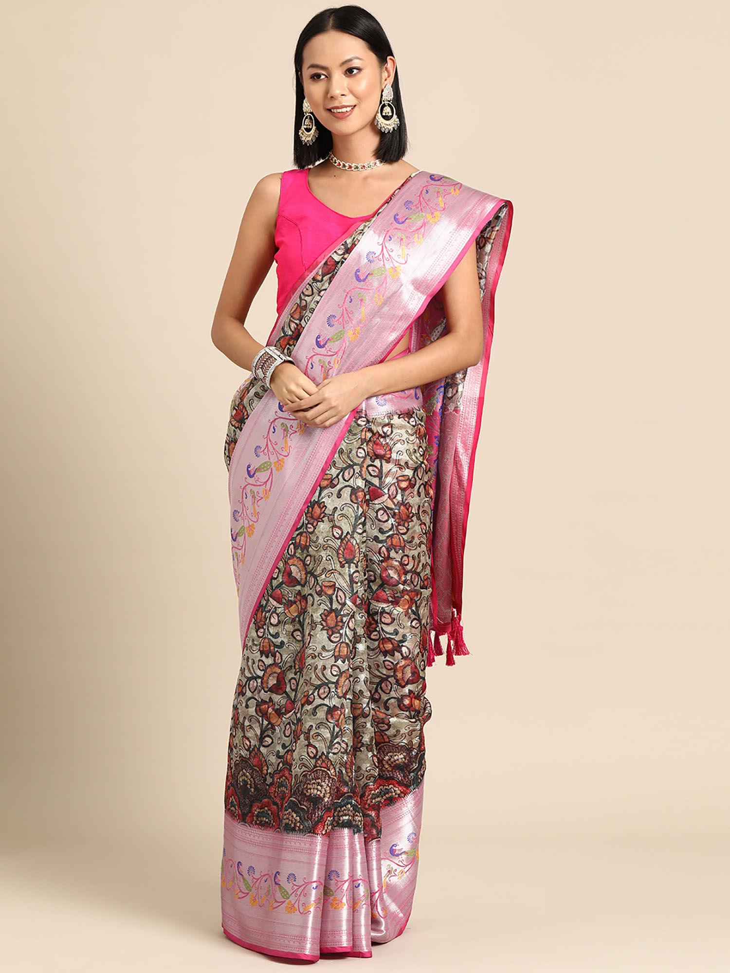 womens banarasi silk woven with digital printed saree - multicolor with unstitched blouse