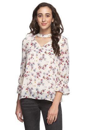 womens band collar floral printed top - cream