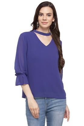 womens band neck solid top - ink blue
