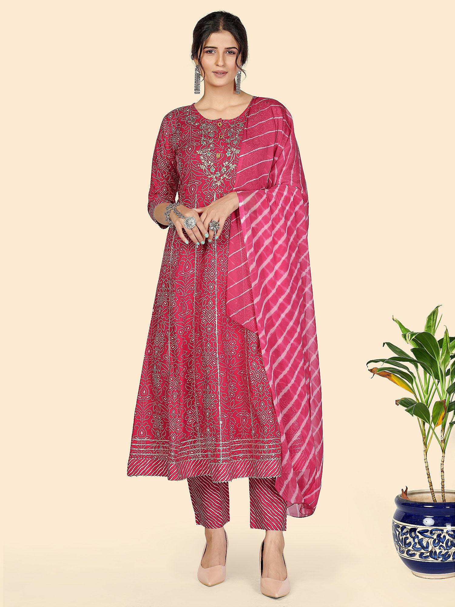 womens bandhani anarkali cotton dark pink kurta pant with dupatta (set of 3)