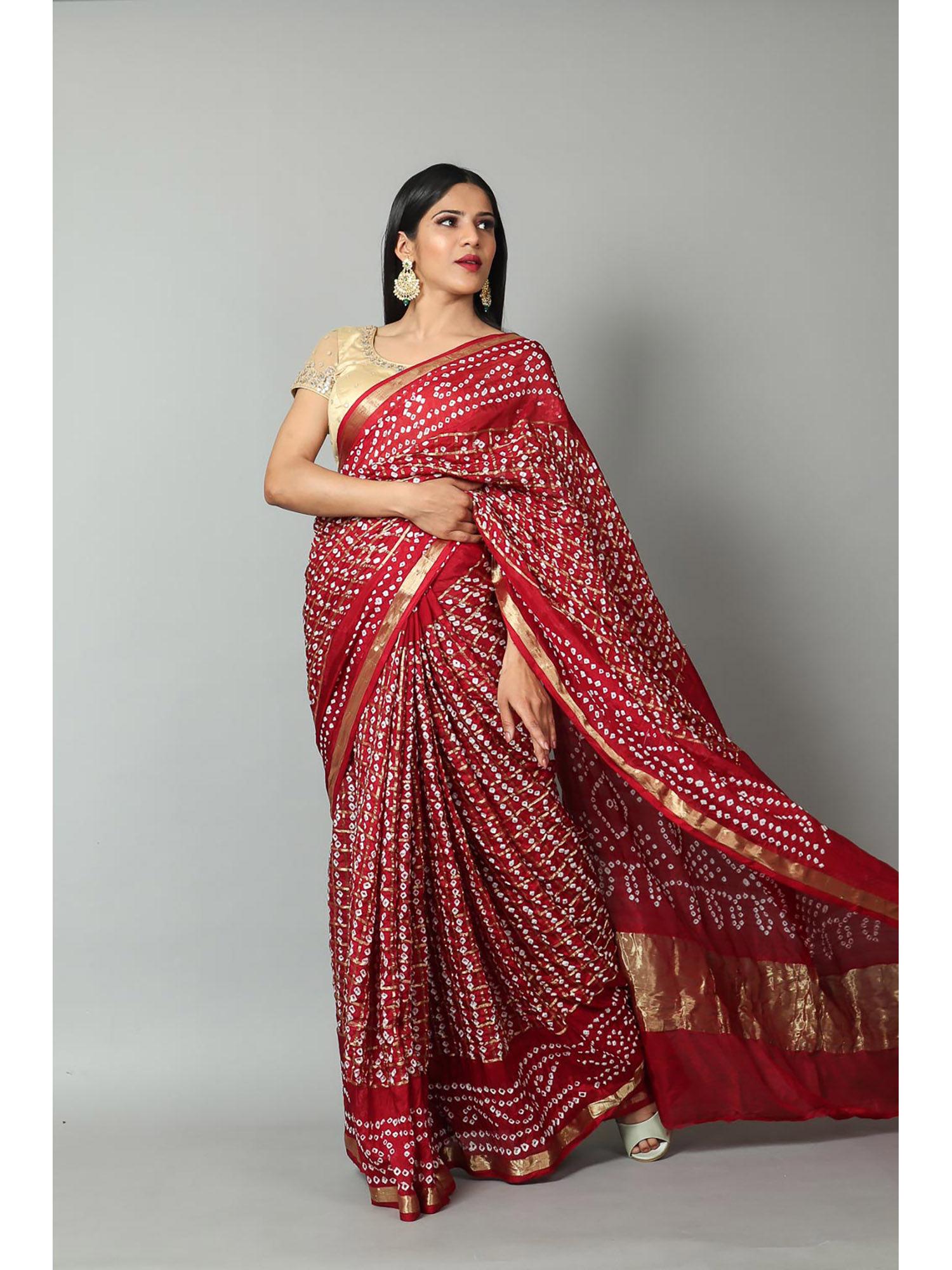 womens bandhani and banarasi saree and blouse fabric-maroon